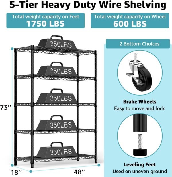 M MZG 5-Shelf Storage Shelves,Wire Shelving Heavy Duty Metal Storage Shelving Unit Adjustable Garage Shelving Rack Pantry Kitchen (Black, 5 Tier,17.7" D x 47.2" W x 76.7" H)