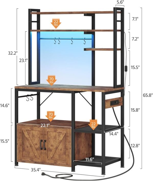 Bakers Rack with Power Outlets, Coffee Bar with Storage Cabinet & LED Light