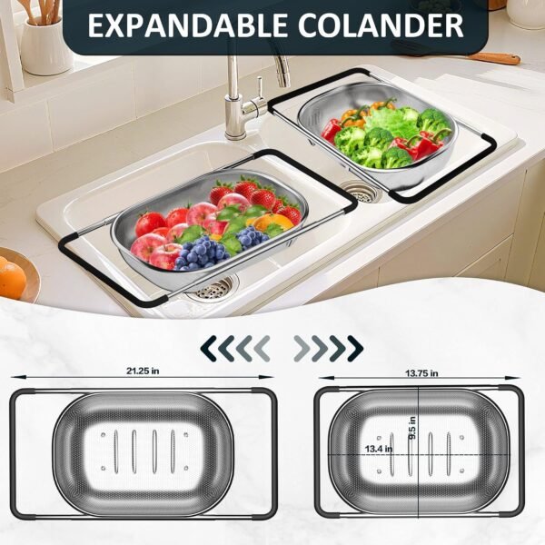 81-OWAYjMbL._AC_SL1500_.jpg Over the Sink Colander - Strainers and Colanders - Sink Strainer Basket - Expandable Fine Mesh Strainer with Rubber Grip for Veggie, Fruits, Pasta, Home Kitchen Essentials (9.5W x 13.4-21.3L x 3.3H)