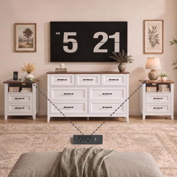 Gizoon 3 PC Bedroom Set, 2 Nightstands with Charging Station & Dresser