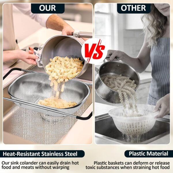 81CV7DywB1L._AC_SL1500_.jpg Over the Sink Colander - Strainers and Colanders - Sink Strainer Basket - Expandable Fine Mesh Strainer with Rubber Grip for Veggie, Fruits, Pasta, Home Kitchen Essentials (9.5W x 13.4-21.3L x 3.3H)