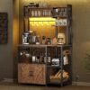 Bakers Rack with Power Outlets, Coffee Bar with Storage Cabinet & LED Light