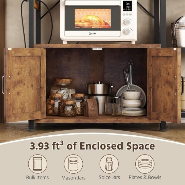 Bakers Rack with Power Outlets, Coffee Bar with Storage Cabinet & LED Light
