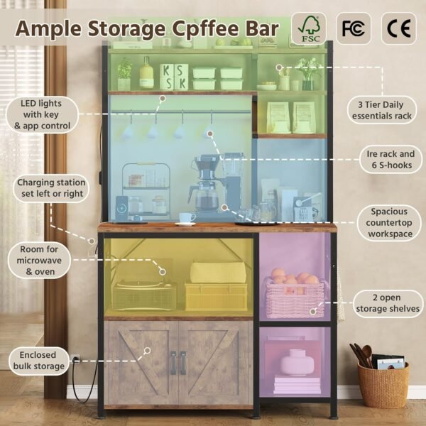 Bakers Rack with Power Outlets, Coffee Bar with Storage Cabinet & LED Light