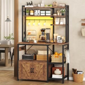 Bakers Rack with Power Outlets, Coffee Bar with Storage Cabinet kitchen rack