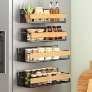 SONGMICS 4-Pack Strong Magnetic Real Bamboo Spice Racks for Fridge kitchen rack