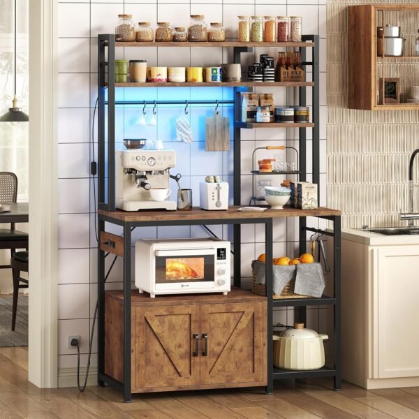 Bakers Rack with Power Outlets, Coffee Bar with Storage Cabinet & LED Light