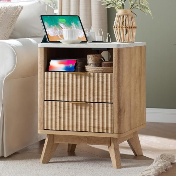 T4TREAM 18" Fluted Nightstand with 2 Drawers Set of 2, Natural Oak