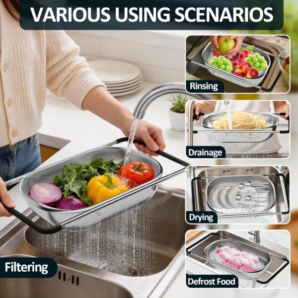 81vRSzAr2TL._AC_SL1500_.jpg Over the Sink Colander - Strainers and Colanders - Sink Strainer Basket - Expandable Fine Mesh Strainer with Rubber Grip for Veggie, Fruits, Pasta, Home Kitchen Essentials (9.5W x 13.4-21.3L x 3.3H)